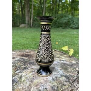 Vintage Brass Bud Vase - Etched Floral Design - Made In India - Black/Gold